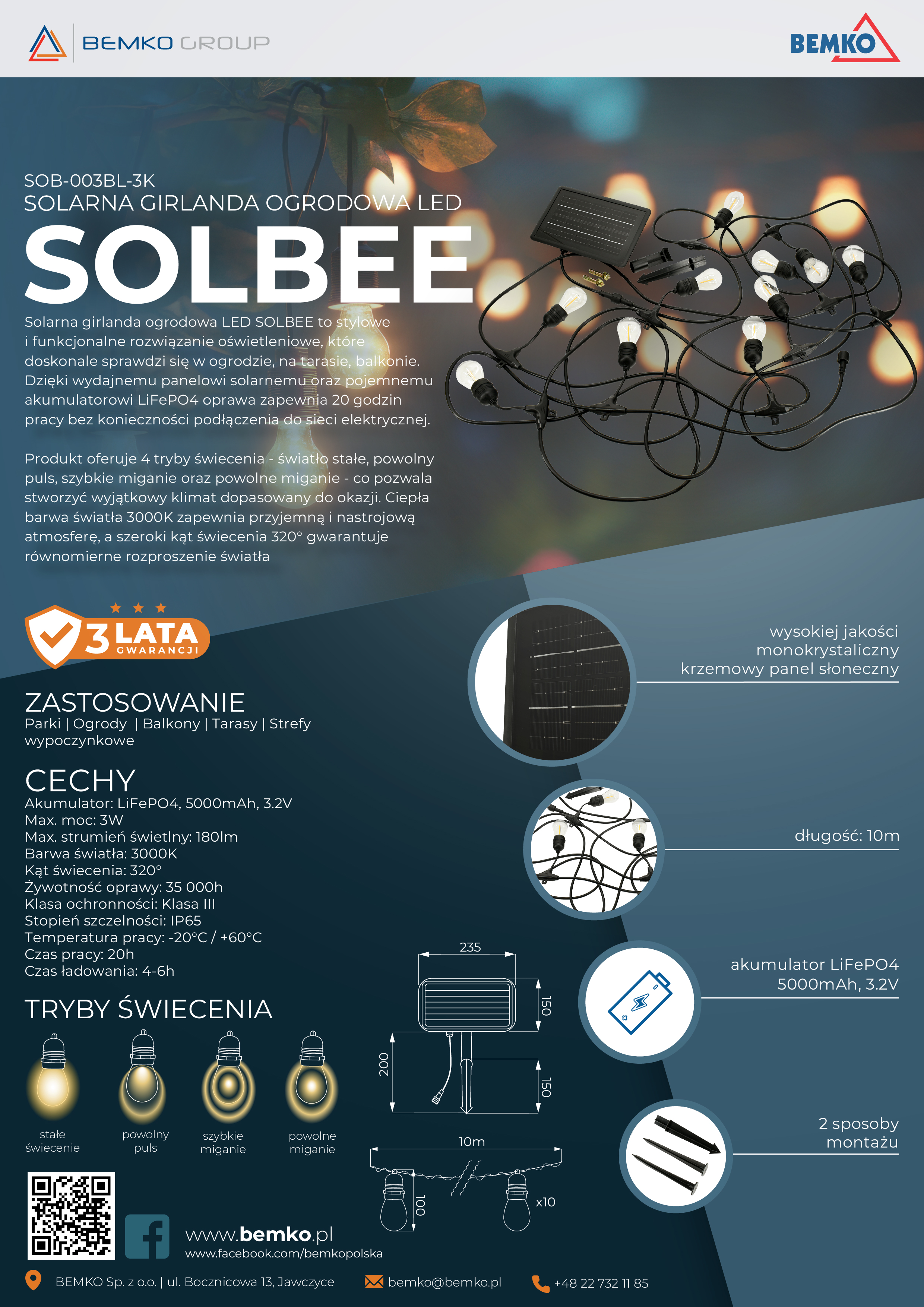 SOB-003BL-3K – SOLARNA GIRLANDA OGRODOWA LED SOLBEE